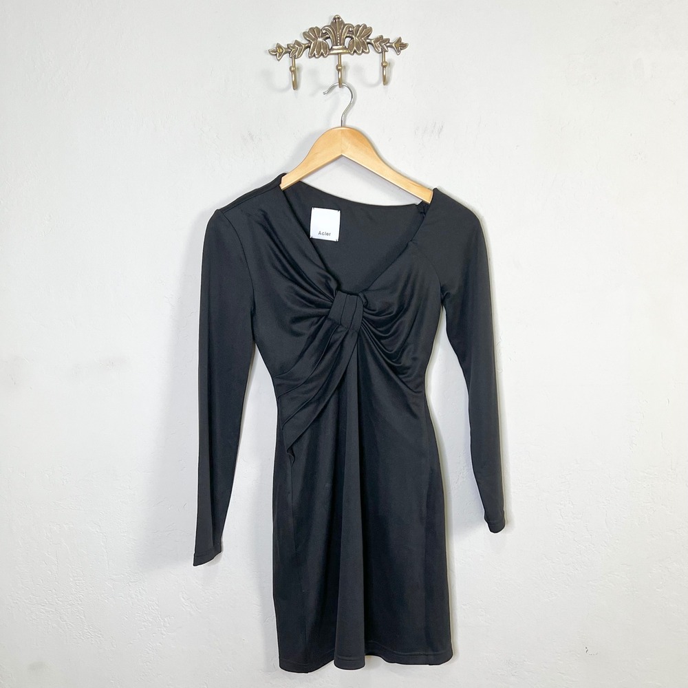 Acler Dress Mini US Size 2 Black Twist Front Long Sleeve Asymmetric V-Neck